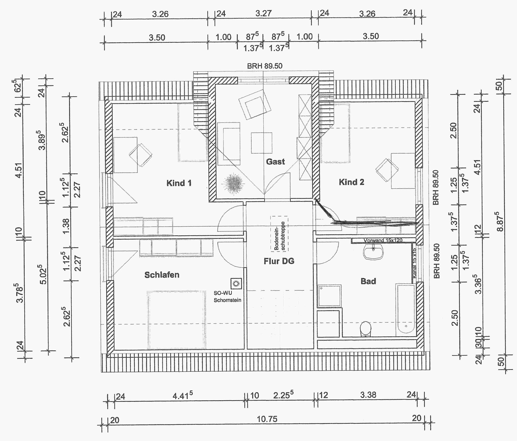 Dachgeschoss-Grundriss mit Schlafzimmer, zwei Kinderzimmern, Gästebereich, Bad und Flur.