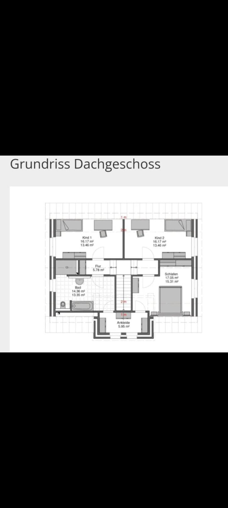Grundriss Dachgeschoss: zwei Kinderzimmer, Schlafraum mit Ankleide, Bad, Flur
