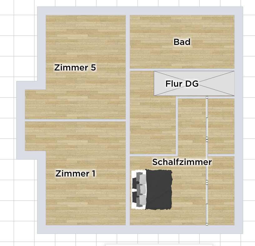 Grundriss eines Dachgeschosses mit Zimmer 5, Zimmer 1, Schlafzimmer, Bad und Flur DG.