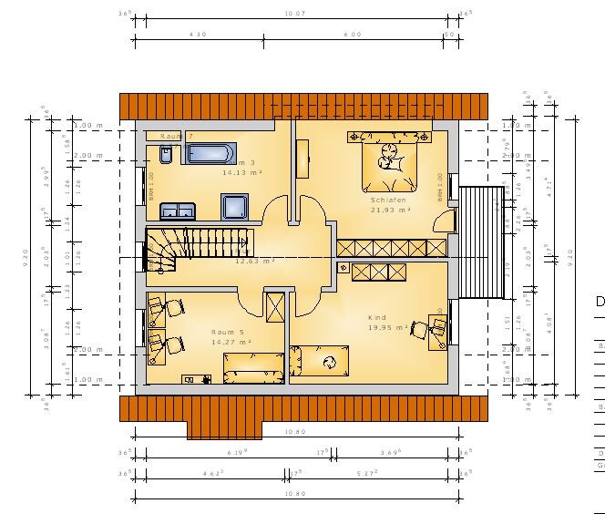 Grundriss eines Obergeschosses mit Schlafen, Kinderzimmer, Flur und Treppe.