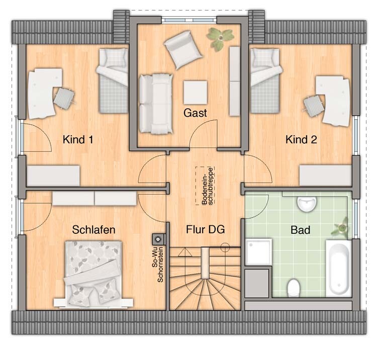 Grundriss Dachgeschoss mit Gast, Schlafen, Kind 1, Kind 2, Bad, Flur DG, Treppe.