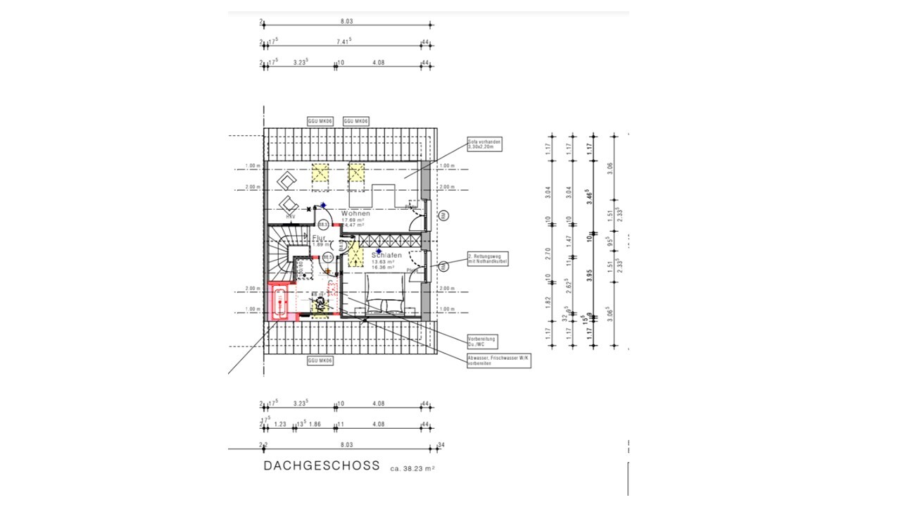 Grundriss Dachgeschoss eines Hauses mit Wohnzimmer, Schlafzimmer und Treppenhaus