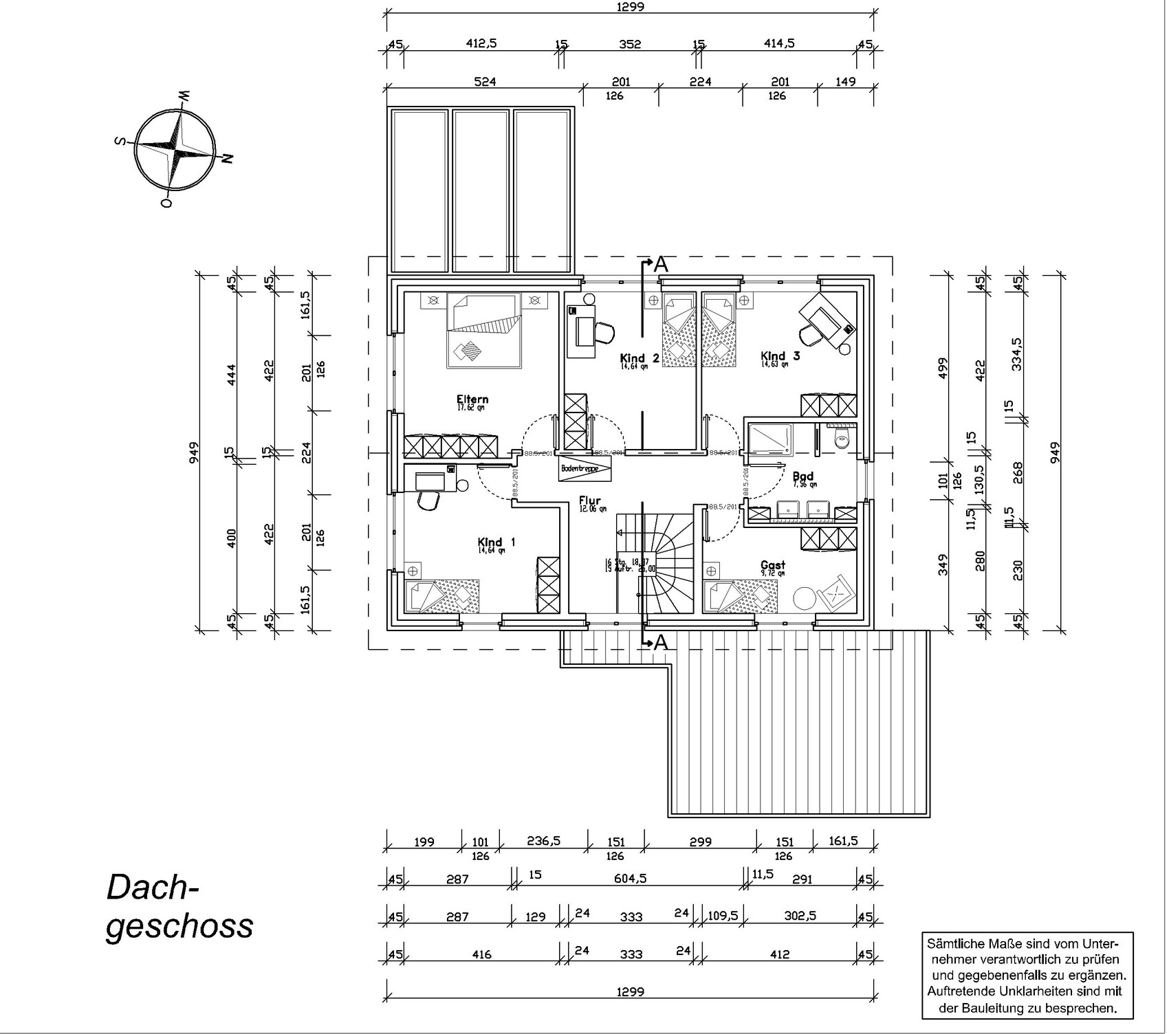 Grundriss Dachgeschoss: Eltern, drei Kinderzimmer, Gast, Bad, Flur, Treppe, Maßangaben