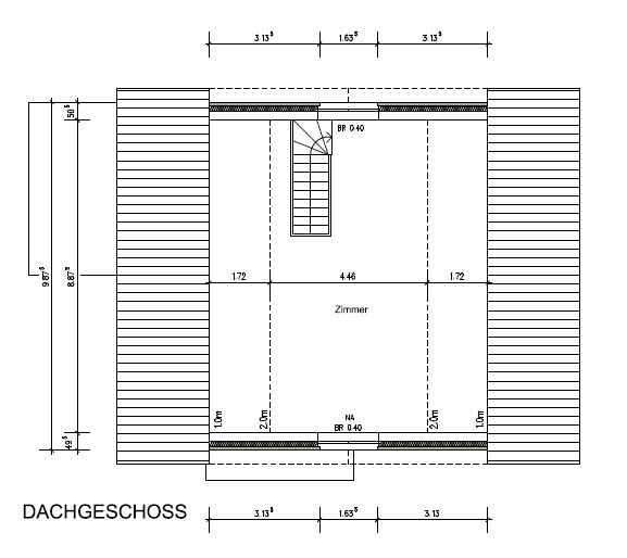 2D Dachgeschoss Grundriss mit Zimmer, Treppe und Abmessungen