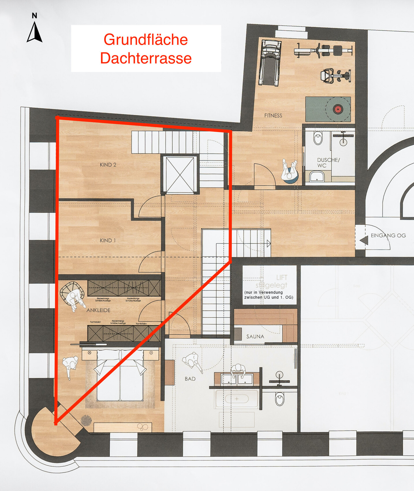 Grundriss: Dachterrasse mit roter Umrandung; links Kinderzimmer, Ankleide und Schlafzimmer.