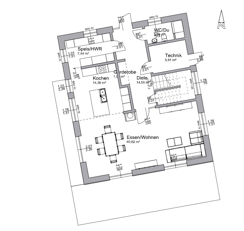 Grundriss eines Hauses: Küche, Essen/Wohnen, Speis/HWR, Diele, Technik, WC/Dusche.
