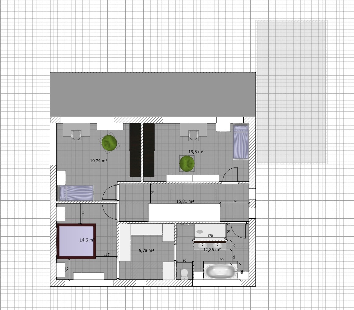 Grundriss eines Hauses: zwei große Zimmer mit Möbeln, Flur und Badewanne.
