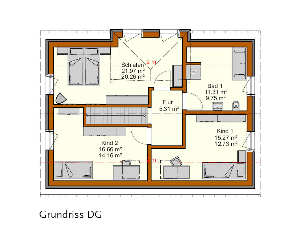 Grundriss DG: Schlafzimmer, Bad, Flur, Kind 1, Kind 2 – übersichtlicher Stockwerksplan