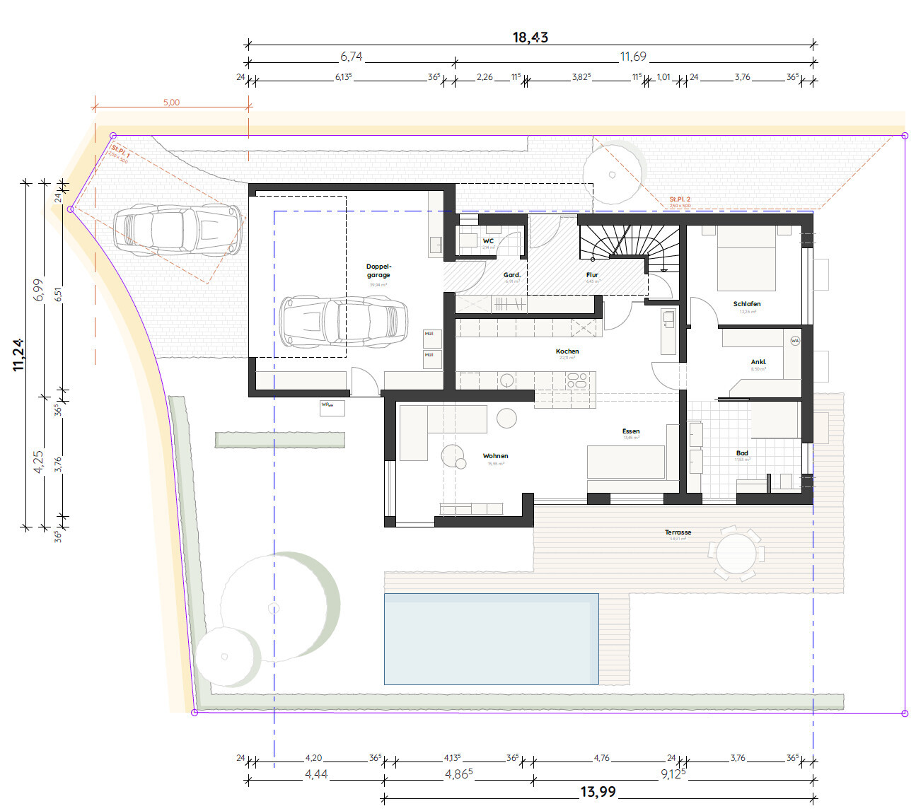 Grundriss eines Hauses mit Doppelgarage, Wohnen, Essen, Kochen, Schlafen, Bad, Terrasse und Pool.