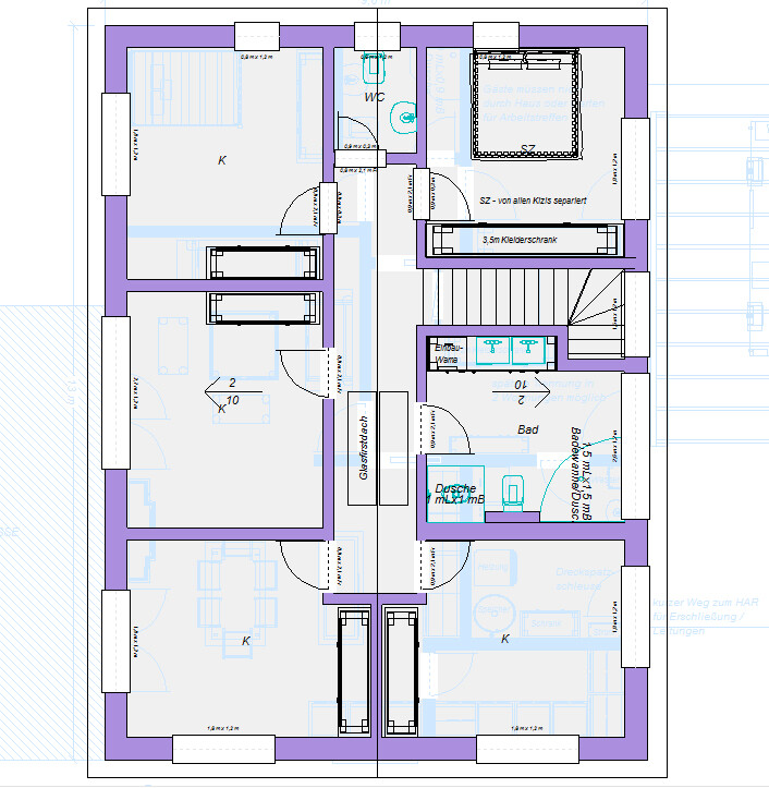 Grundriss eines Hauses mit zwei Wohnungen: Küche, Bad, Schlafzimmer, Flur, Treppenhaus.