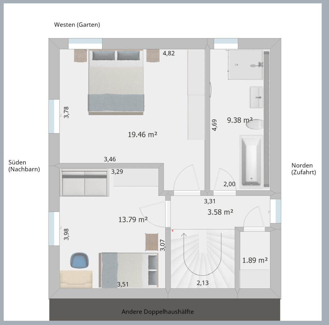 Grundriss einer Doppelhaushälfte: Schlafzimmer, Bad, Flur, Treppe und Wohnzimmer.