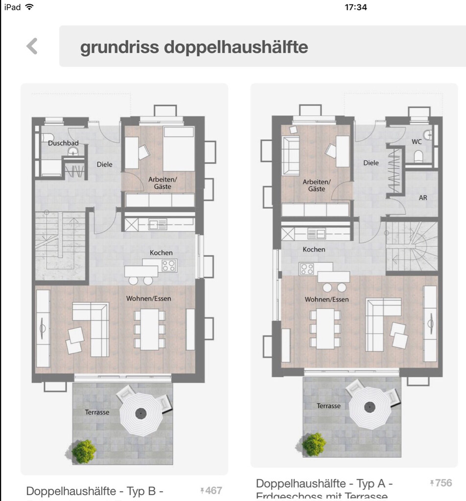 Zwei Grundrisse einer Doppelhaushälfte (Typ A/B) mit Küche, Wohnen/Essen, Diele, Terrasse.