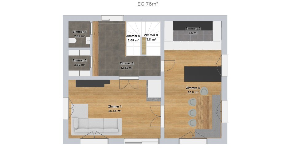 Grundrissplan des Erdgeschosses (76 m²) mit Wohnzimmer, Küche, Schlafzimmer, Bad und Fluren