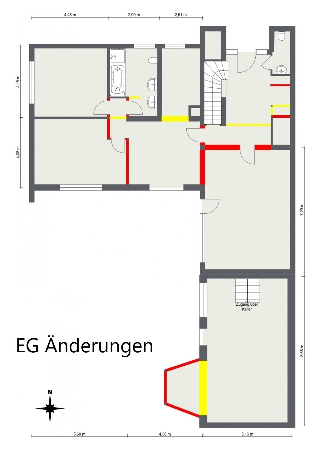 Grundriss EG mit Änderungen: rote und gelbe Wände, Treppe, Bad, Kellerzugang.