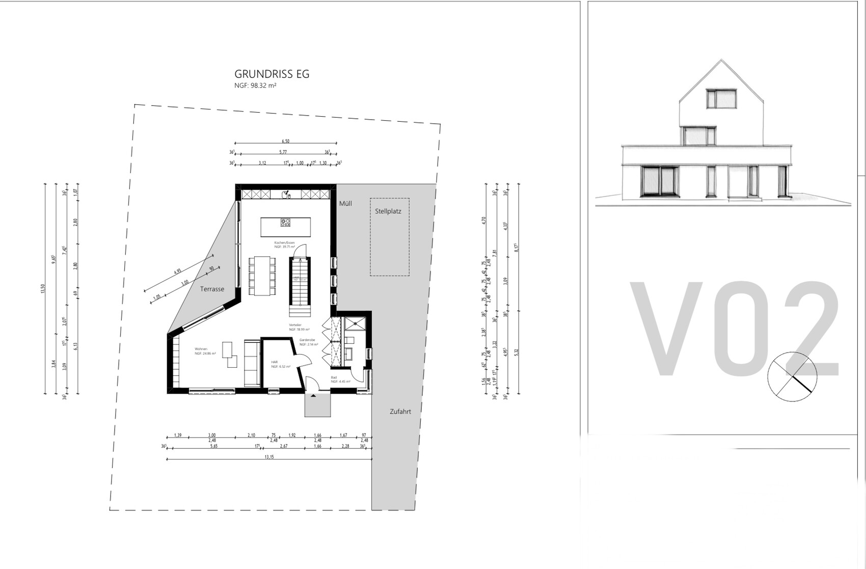 Grundriss EG mit Terrasse, Stellplatz und Zufahrt; Seitenansicht VO2.