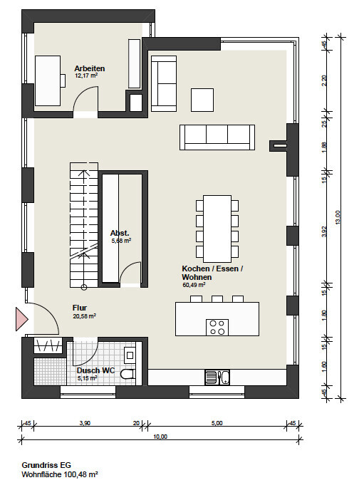 Grundriss EG: Kochen/Essen/Wohnen mit Esstisch und Sofa; Arbeitszimmer; Flur; Abstellraum; Dusch-WC.