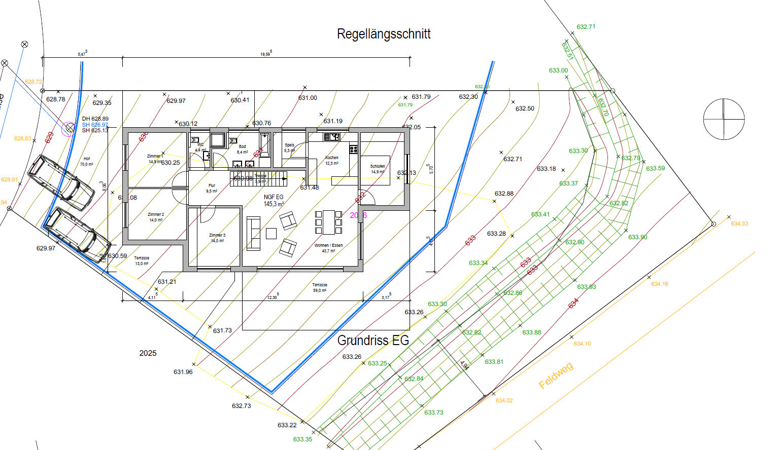 Grundriss EG: Wohnzimmer, Küche, Bad, Flur und Terrasse; Regellängsschnitt und Geländeverlauf.