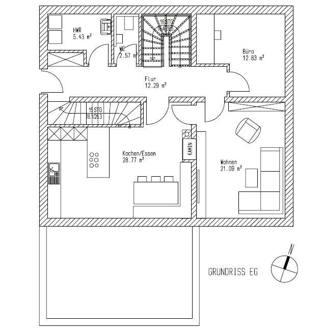 Grundriss EG einer Wohnung: Küche/Essen, Wohnen, Büro, HWR, WC, Flur, Treppe.