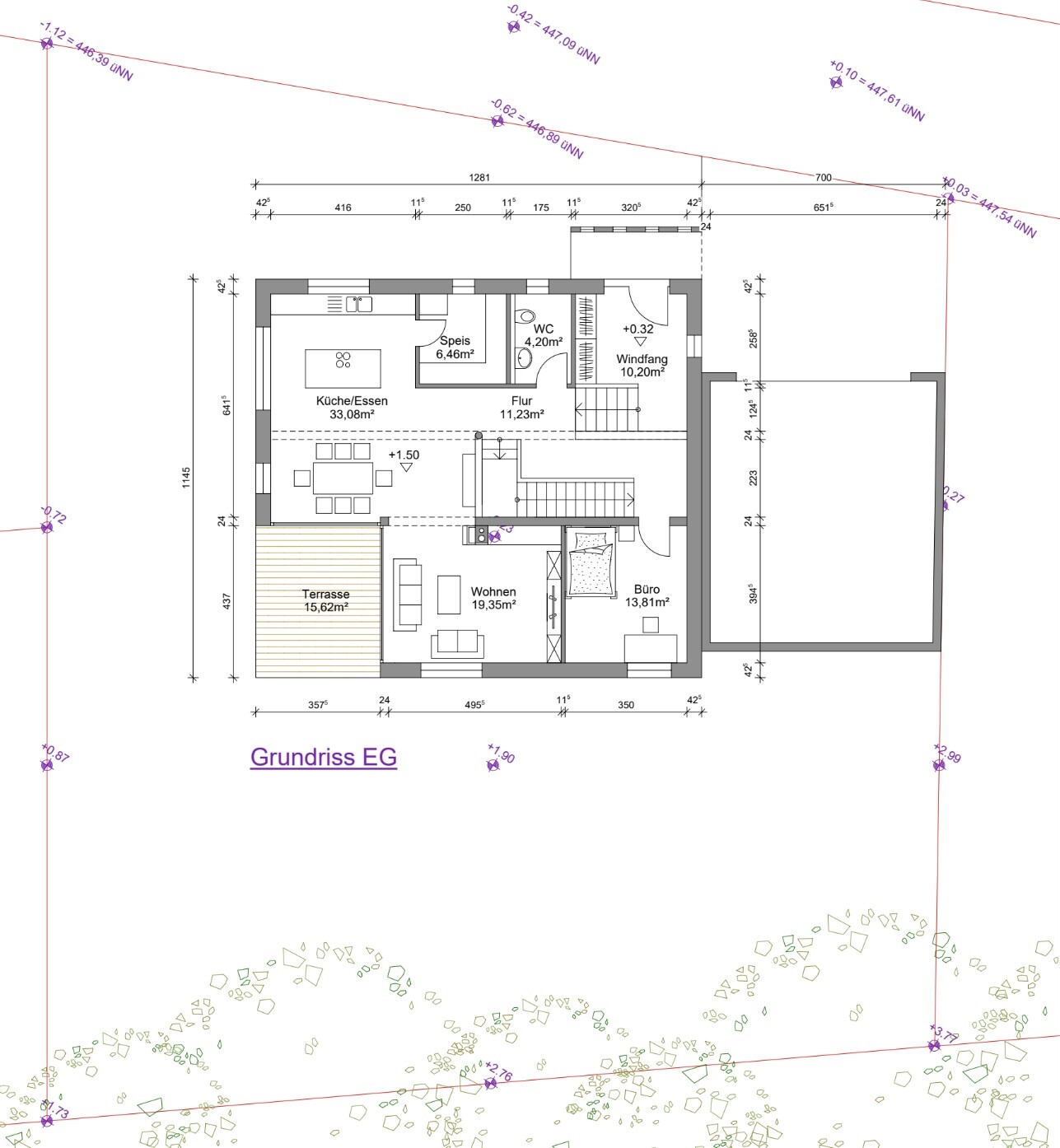 Grundriss Erdgeschoss eines Hauses mit Küche/Essen, Speis, Flur, WC, Windfang, Terrasse, Wohnen und Büro.