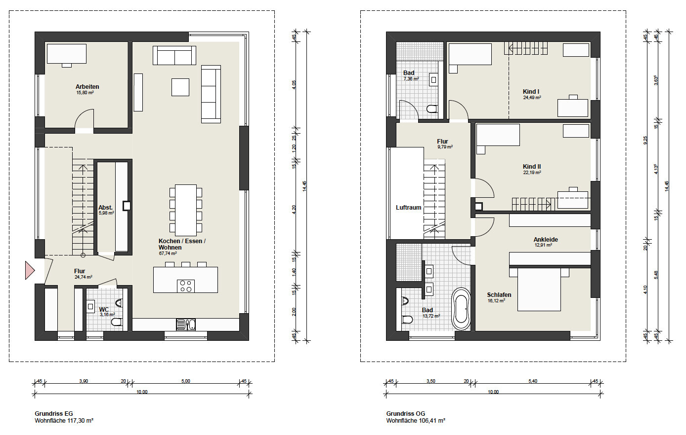 Zwei Grundrisse: EG Kochen/Essen/Wohnen, Arbeitszimmer, WC; OG Schlafen, Bad, Kind I/II, Ankleide