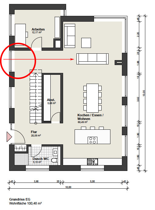 Grundriss EG: offenes Kochen/Essen/Wohnen, Flur mit Treppe, Dusch-WC, Abstellraum, Arbeitszimmer.