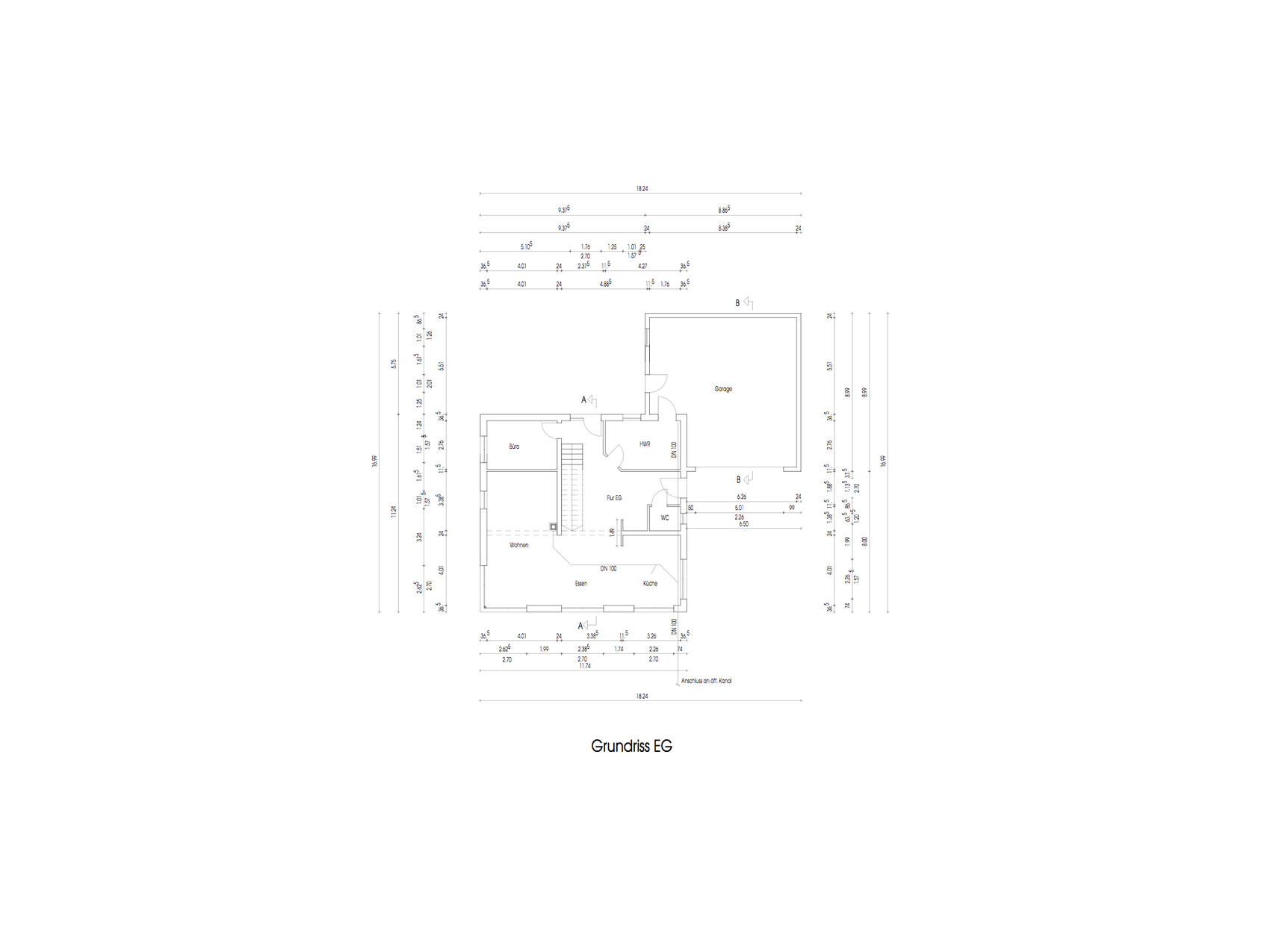Grundriss EG: Räume Wohnen, Essen, Küche, Büro, Flur, WC, HWR und Garage.
