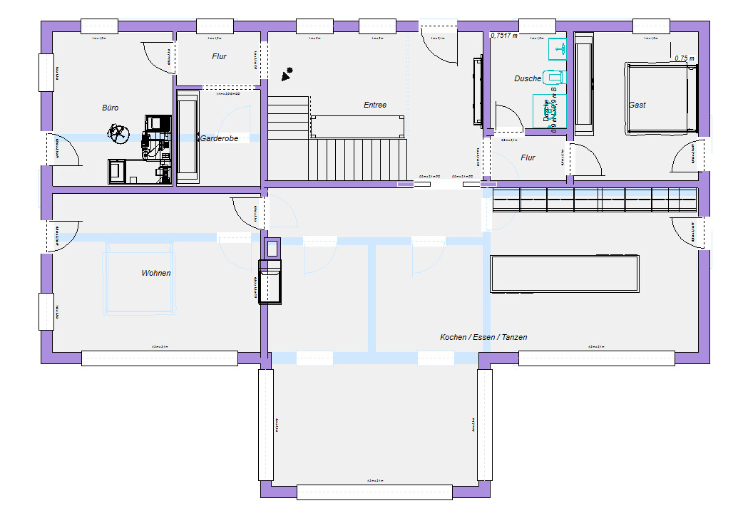 Grundriss eines Hauses: Wohnzimmer, Küche/Essen/Tanzen, Büro, Gästezimmer, Flure, Dusche
