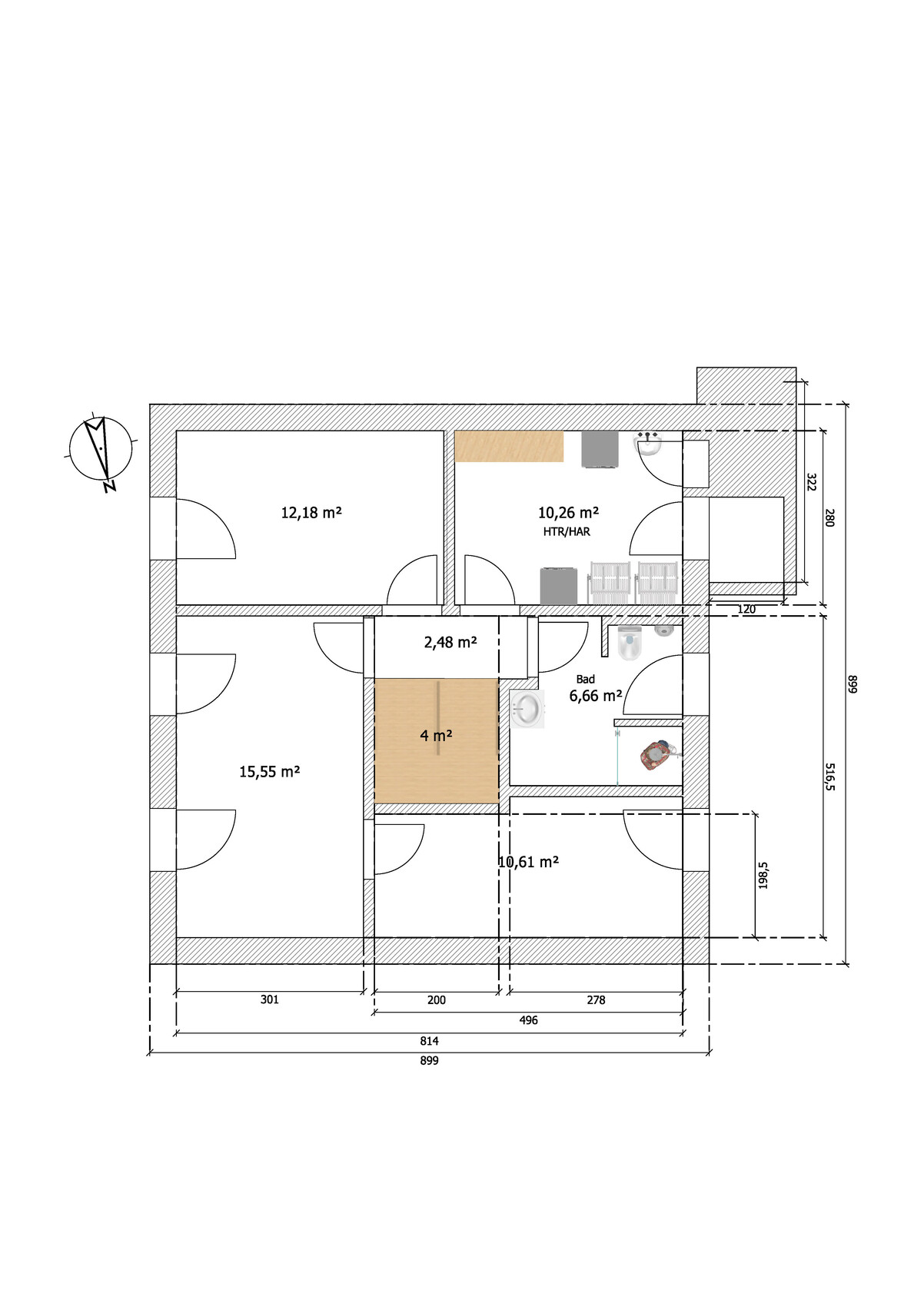 Grundriss eines Wohnhauses mit mehreren Räumen, Bad, Küche und Flächenangaben in m².