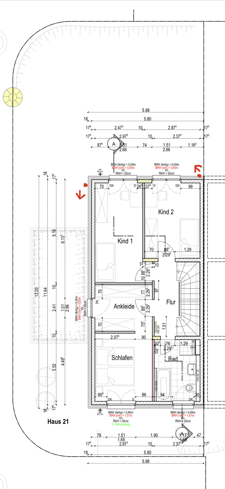 Grundriss eines Hauses mit Flur, Schlafen, Ankleide, Bad und zwei Kinderzimmer.