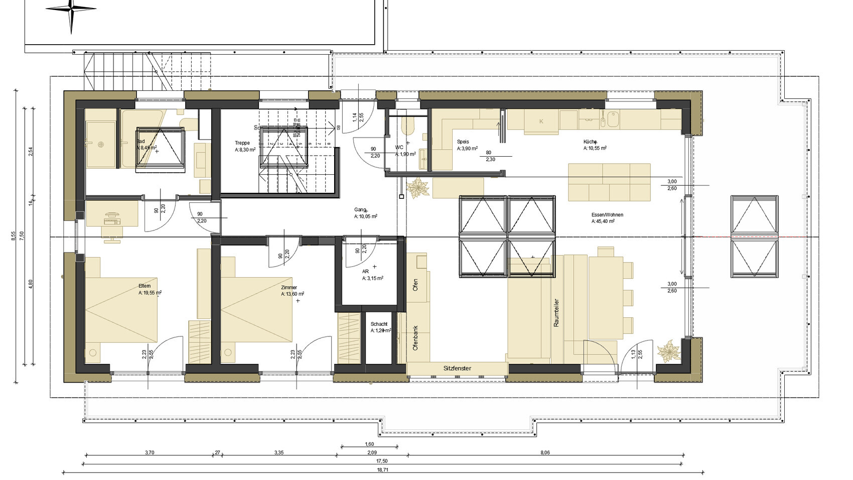 Grundriss eines Wohnhauses: Schlafzimmer, Elternzimmer, Kinderzimmer, Küche, Essbereich, Bad.