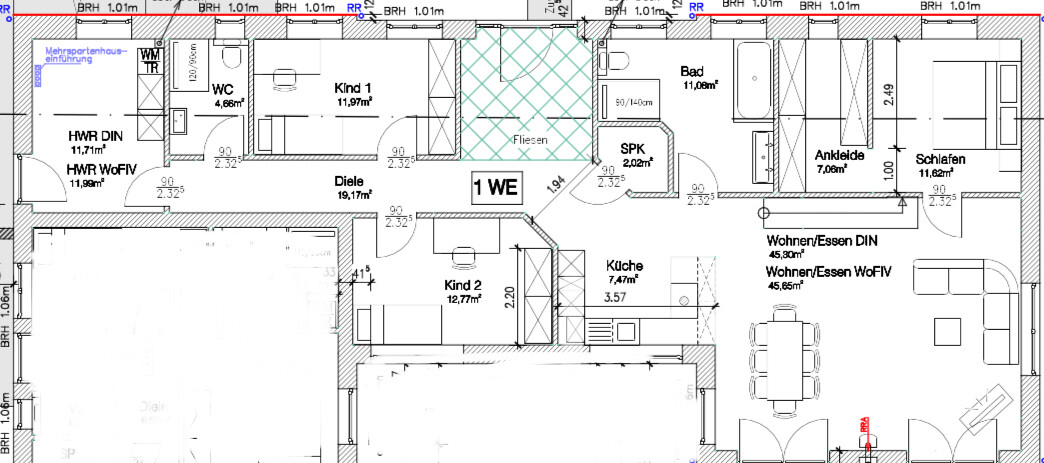 2D-Grundriss eines Einfamilienhauses mit Küche, Wohnzimmer, Bad und Schlafzimmern.