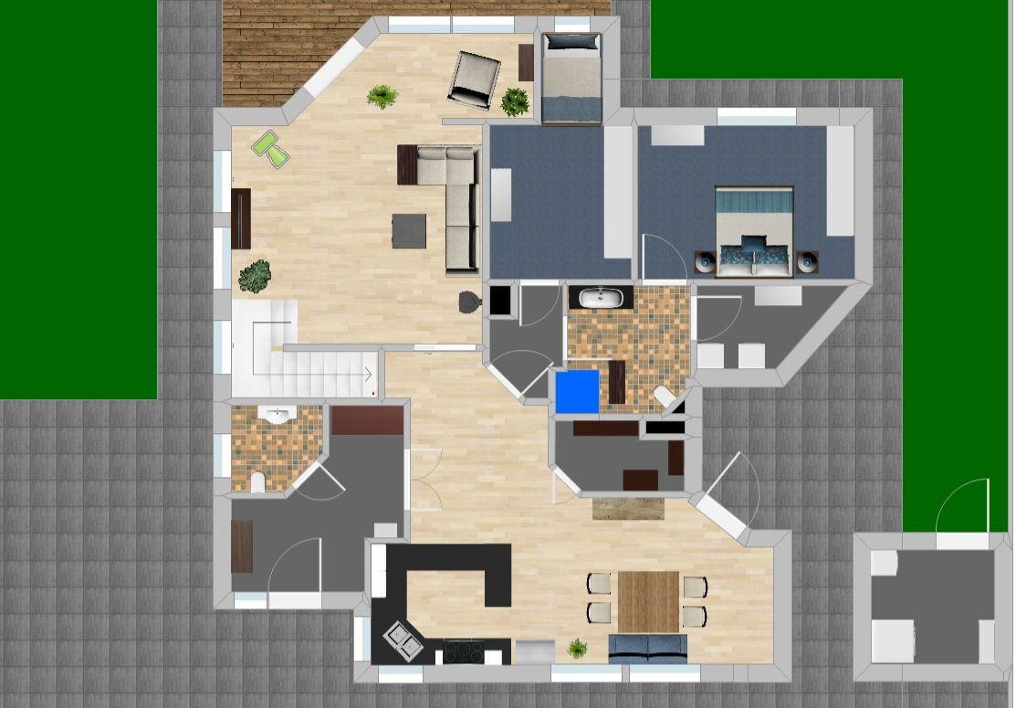 Grundriss eines Hauses von oben: Wohnzimmer, Küche, Essbereich, Schlafzimmer, Bad, Fluren, Garten.