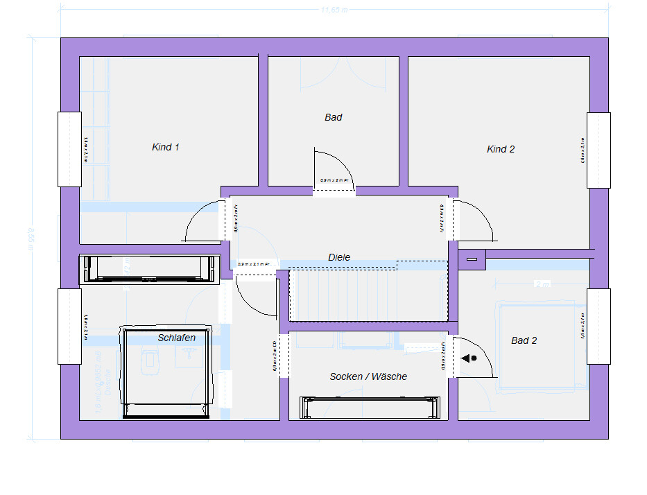 Grundriss eines Hauses mit Diele, Schlafen, Socken/Wäsche, Bad, Bad 2, Kind 1, Kind 2.