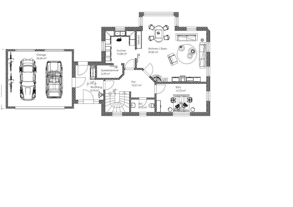 Grundriss eines Hauses mit Garage, offener Küche, Essecke und Wohnbereich.