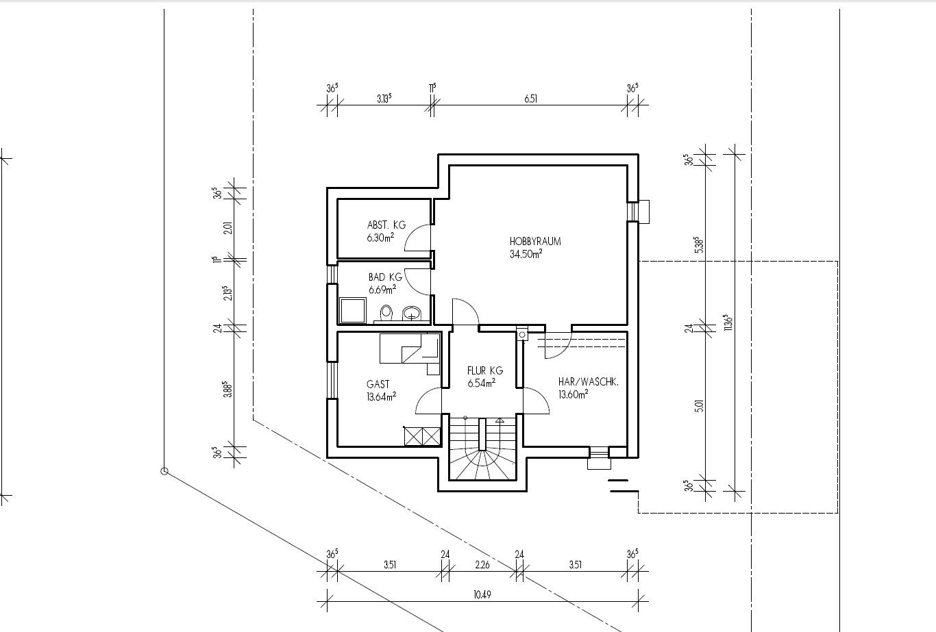 Grundriss eines Hauses mit Hobbyraum, Bad, Flur und Gästezimmer
