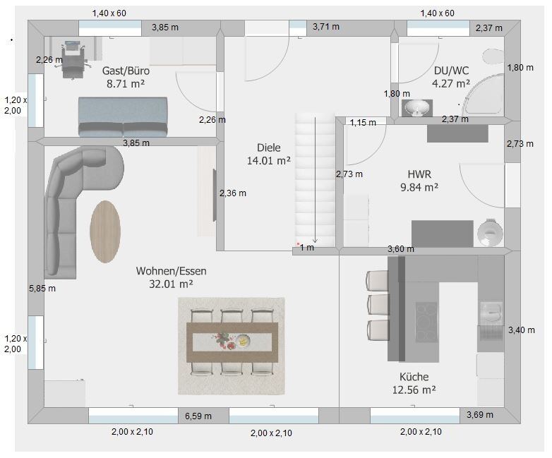 Grundriss eines Hauses mit Wohnbereich, Kueche, Essbereich, Gaestezimmer und Diele.
