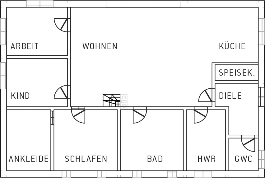 Grundriss eines Hauses mit Wohnzimmer, Schlafzimmer, Küche, Bad, Diele, HWR und Speisekammer.