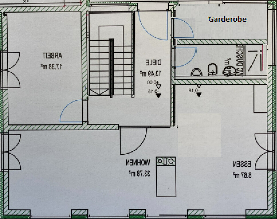 2D-Grundriss eines Hauses mit Wohnzimmer, Essbereich und Küche