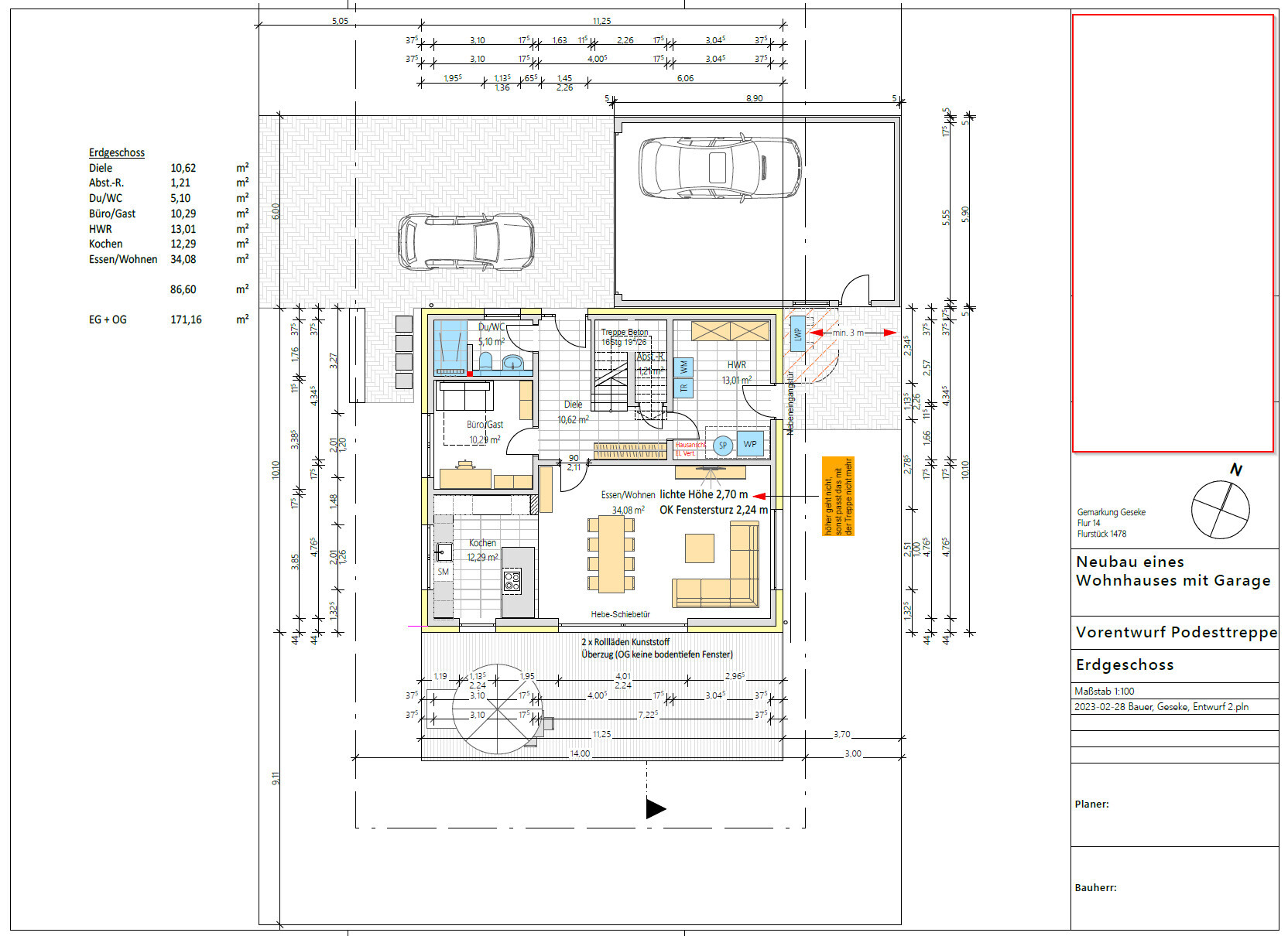 Grundriss eines Wohnhauses mit Garage, Küche, Essen/Wohnen, Büro/Gast