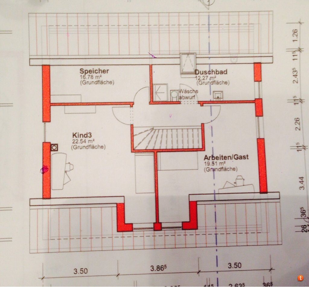 Grundriss eines Stockwerks mit Speicher, Kinderzimmer, Arbeits- und Gästezimmer, Duschbad.