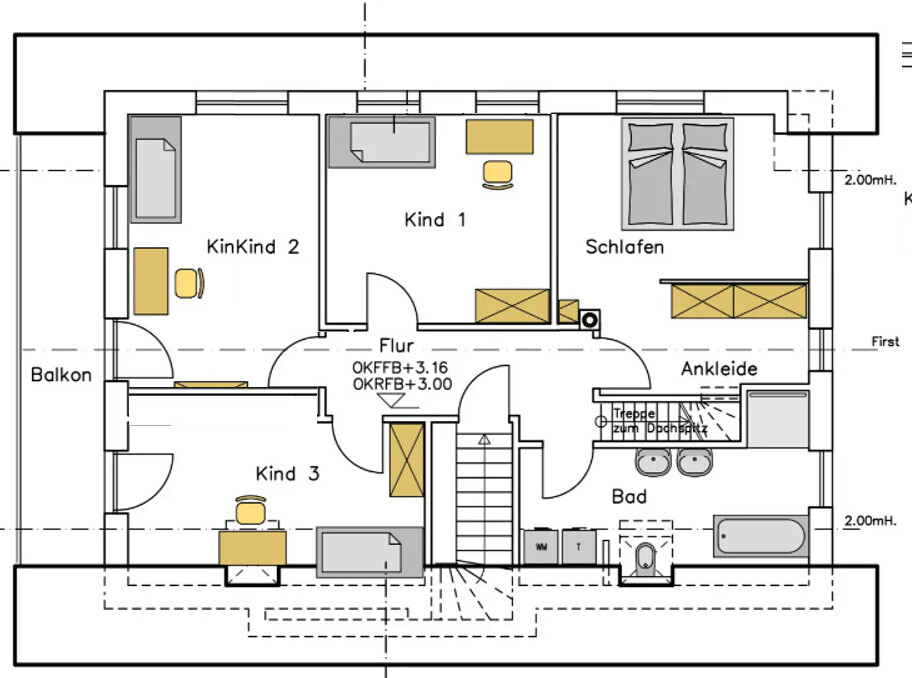 Grundriss eines Wohnhauses mit Schlafzimmer, 3 Kinderzimmern, Flur, Bad, Ankleide und Balkon.