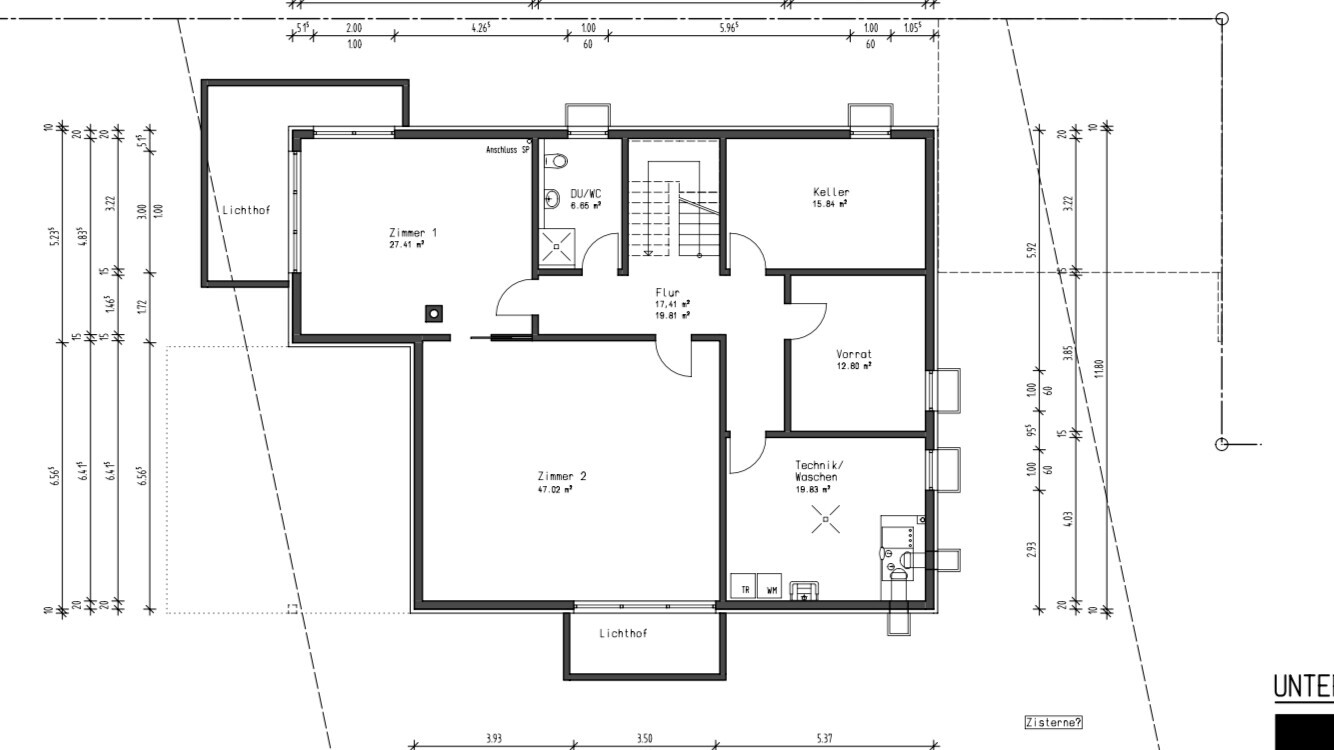Grundriss eines Hauses: Zimmer 1, Zimmer 2, Flur, Keller, Vorrat, Technik/Waschen.