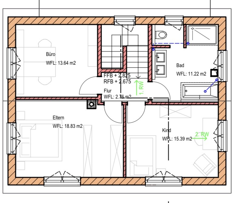 Grundriss eines Hauses mit Büro, Eltern, Kinderzimmer, Bad und Flur; Treppe in der Mitte.