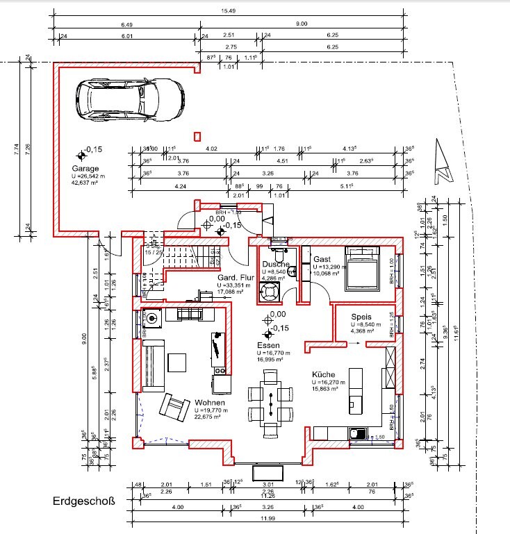 Grundriss eines Einfamilienhauses mit Garage und Erdgeschoss