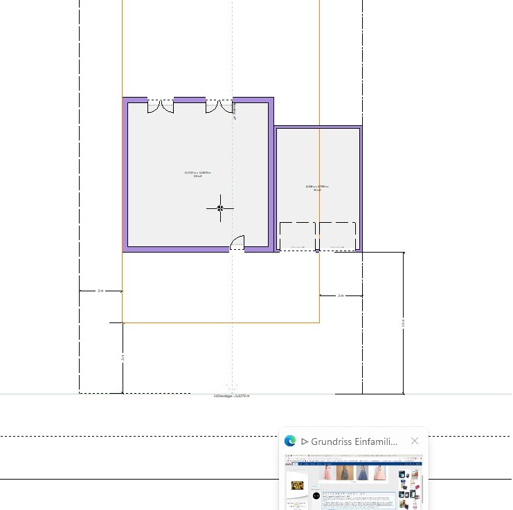 Grundriss von oben: linkes Zimmer mit Tür unten, rechtes Anbauzimmer; lila Wände.