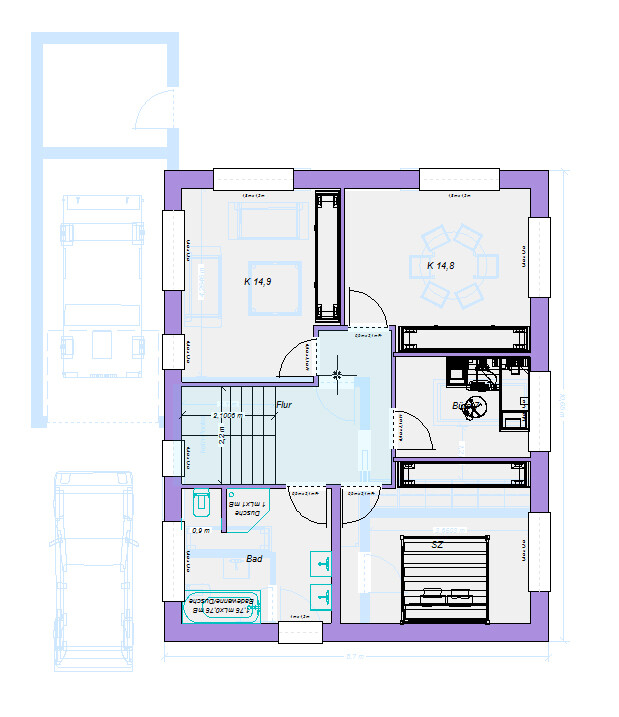 Grundriss eines Hauses mit Flur, Bad, Küche, Schlafzimmer und Garage.