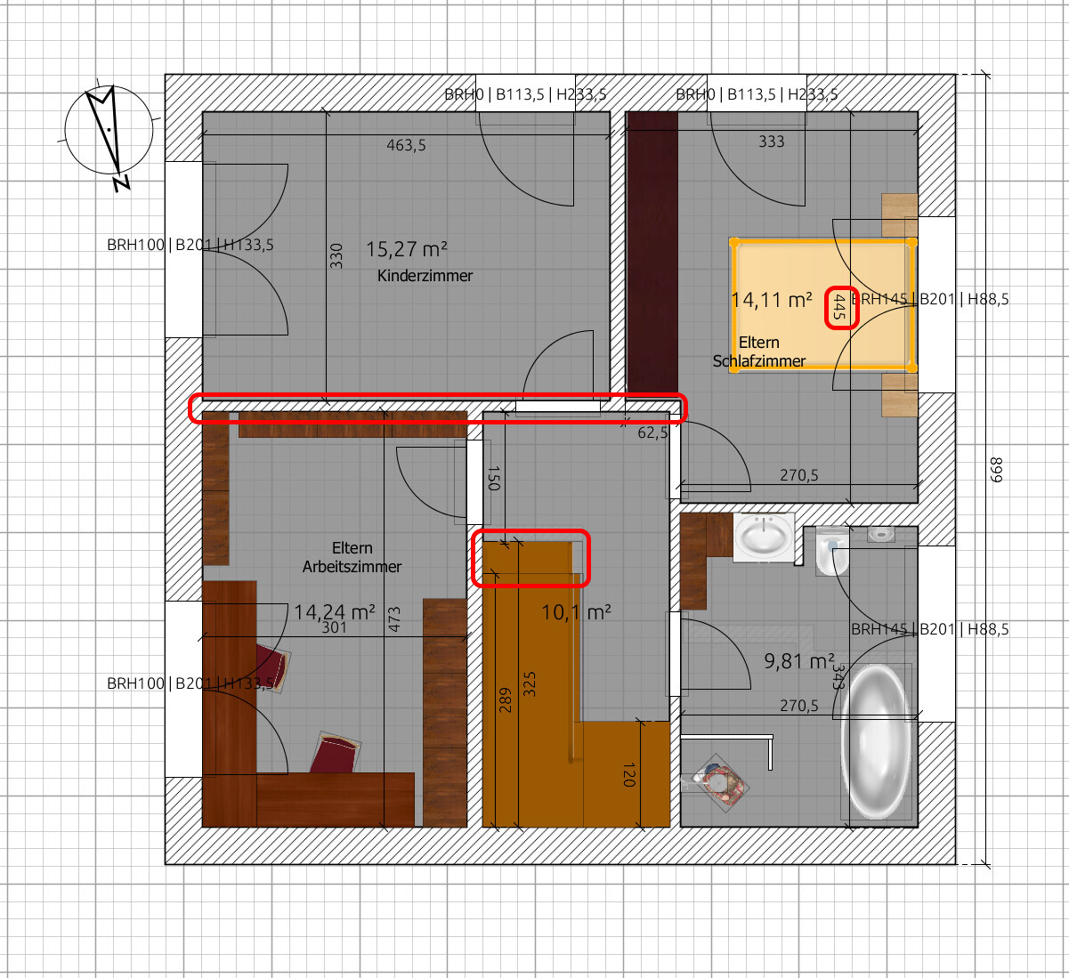 Grundriss einer Wohnung: Kinderzimmer, Eltern-Arbeitszimmer, Eltern-Schlafzimmer, Bad, Flur.