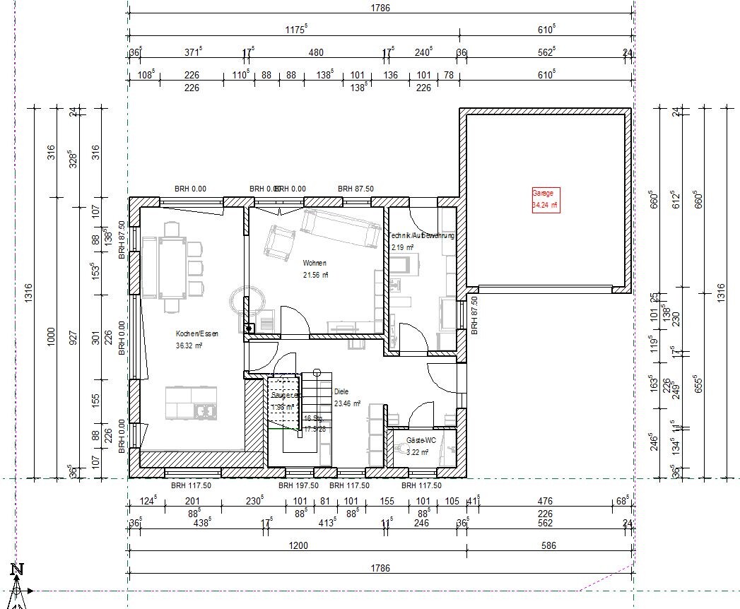 Grundriss eines Einfamilienhauses mit Küche, Wohnzimmer, Diele und Garage, Maßlinien am Rand