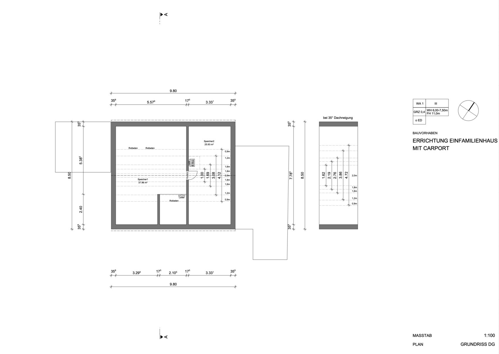 Grundriss eines Einfamilienhauses mit Carport; Planzeichnung mit Maßen.