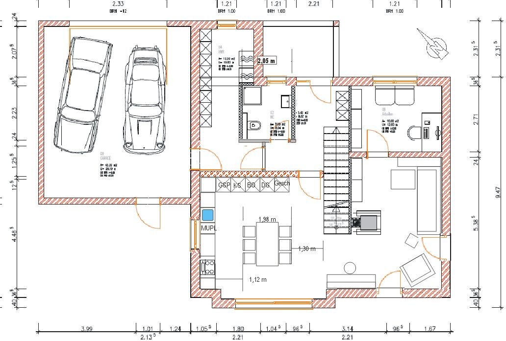 2D grundriss eines einfamilienhauses mit garage, kueche, essbereich und wohnzimmer